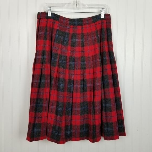Vintage 100% Wool Pleated Tartan Plaid Midi Skirt Red Gray Blue USA Mik Mak 14 - Picture 3 of 8